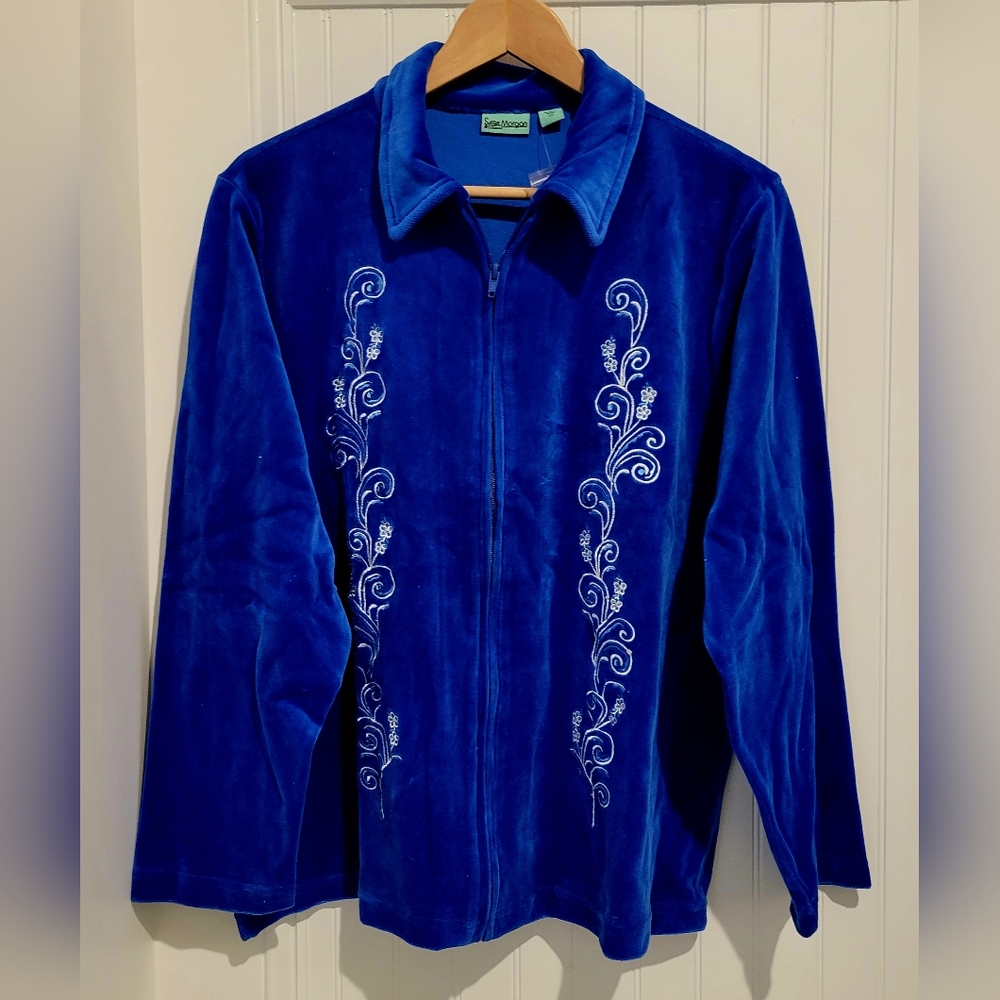 Sara Morgan Blue Women's Velour Jacket with Embroidered Flowers Size L